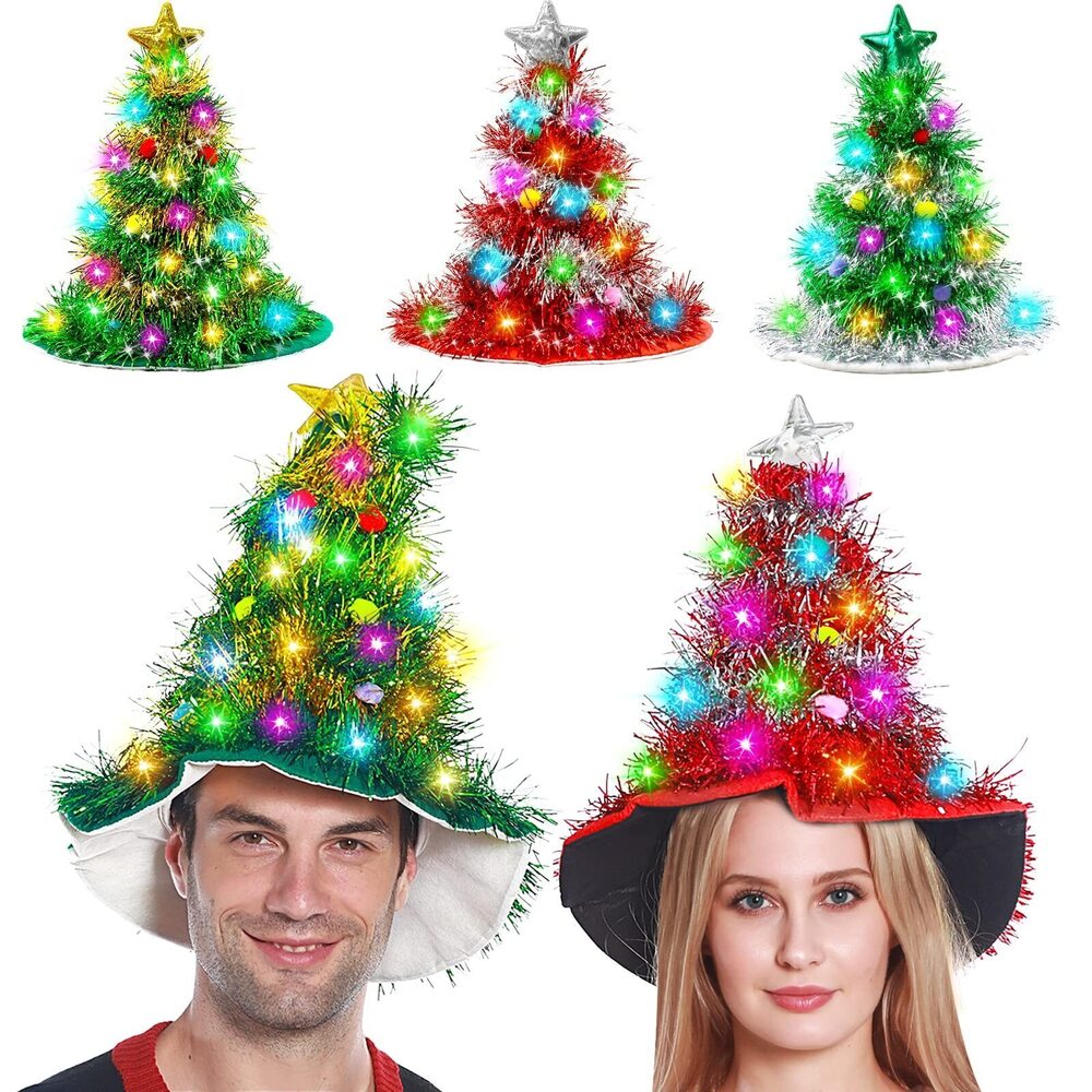 1238 3 Pack Christmas Hats Tree Santa Hat for Adults with 30LED Color